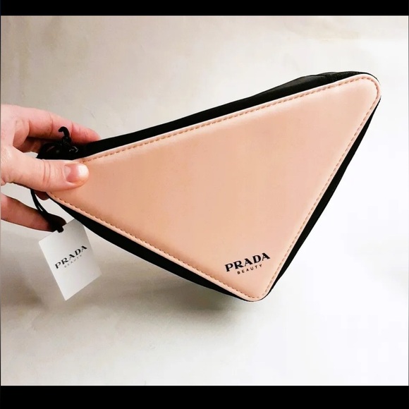 PRADA Triangle Clutch Bag Cosmetic Pouch Pink & Black WITH CHAIN - Picture 5 of 5